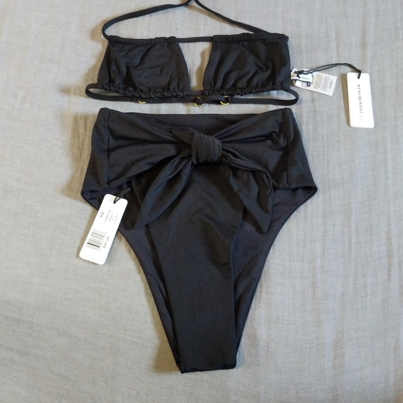 WeWoreWhat Ruched Bandeau Halter Bikini Top High Waisted Tie Riviera Bottoms - Picture 2 of 12